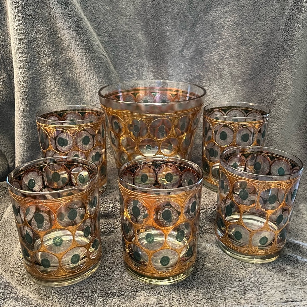Vintage West Virginia Glass 6 pc. Low Ball w. Ice Bucket 22kt. Gold Design